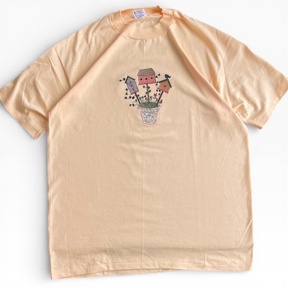 Vintage Anvil Pastel Orange Cotton Embroidered Birdhouses Tee T-Shirt XL